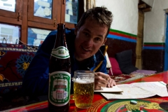 enjoying a local Lhasa beer..